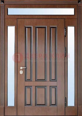 Железная дверь со стеклом и фрамугами в коричневом цвете ДФГ-8 в Наро-Фоминске