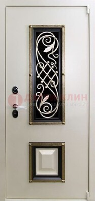 Белая стальная дверь с ковкой со стеклопакетом и МДФ ДК-30 в Наро-Фоминске