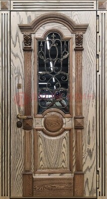 Железная дверь с массивом дуба со стеклом и ковкой ДМД-47 в Наро-Фоминске