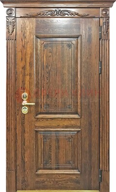 Коричневая металлическая дверь с массивом дуба и филенкой ДМД-67 в Наро-Фоминске