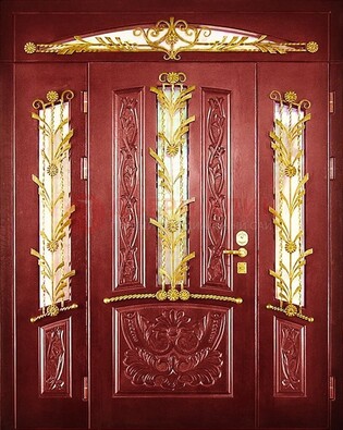 Бордовая железная парадная дверь со стеклом и ковкой ДПР-75 в Наро-Фоминске