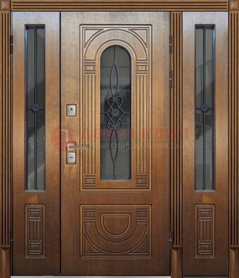 Коричневая стальная парадная дверь с фрамугой ДПР-84 в Наро-Фоминске