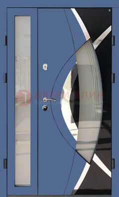 Синяя металлическая дверь со стеклом и узором ДС-13 в Наро-Фоминске