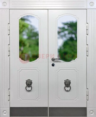 Белая двухстворчатая железная дверь со стеклом ДС-22 в Наро-Фоминске