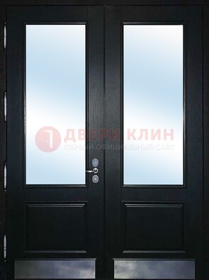 Черная двухстворчатая металлическая дверь со стеклом ДС-25 в Наро-Фоминске