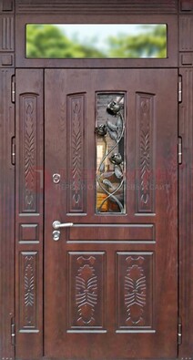 Коричневая железная дверь со стеклом и ковкой на улицу ДСК-127 в Наро-Фоминске