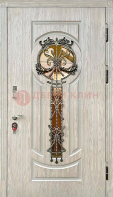 Светлая железная дверь со стеклом ковкой для коттеджа ДСК-134 в Наро-Фоминске