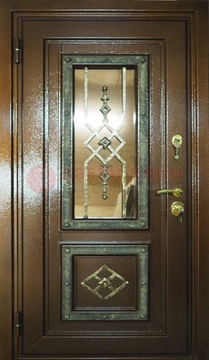 Теплая входная дверь со стеклом и ковкой разноцветной ДСК-13 в Наро-Фоминске