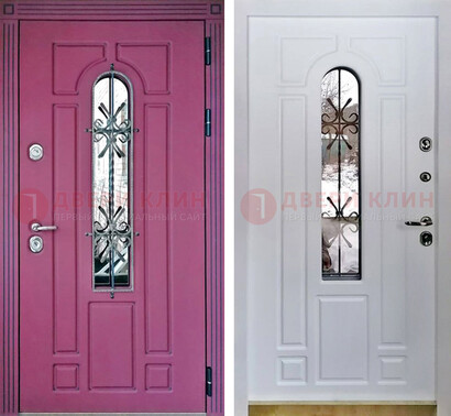 Розовая металлическая дверь со стеклом и ковкой ДСК-151 в Видном