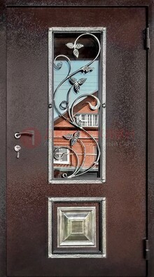 Коричневая стальная дверь порошок со стеклом и ковкой ДСК-163 в Наро-Фоминске