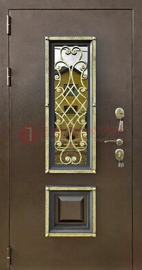 Входная дверь порошок со стеклом и ковкой для коттеджа ДСК-166 в Наро-Фоминске