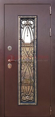 Коричневая стальная дверь порошок со стеклом и ковкой для дома ДСК-169 в Наро-Фоминске