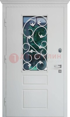 Белая металлическая дверь винорит со стеклом и ковкой ДСК-184 в Наро-Фоминске