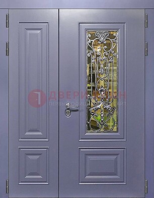 Сиреневая стальная дверь со стеклом и ковкой ДСК-199 в Пензе