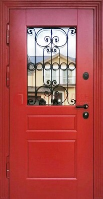 Красная железная дверь Винорит со стеклом и ковкой ДСК-205 в Шатуре