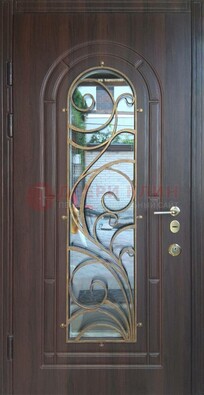 Железная дверь Винорит со стеклом и ковкой в темном цвете ДСК-216 в Наро-Фоминске