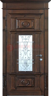 Филенчатая входная дверь Массив со стеклом и ковкой ДСК-227 в Наро-Фоминске