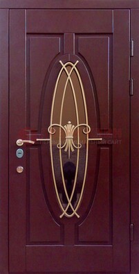 Бордовая стальная дверь Винорит со стеклом и ковкой ДСК-263 в Наро-Фоминске