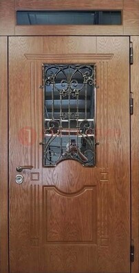 Металлическая входная дверь со стеклом и ковкой для дома ДСК-96 в Наро-Фоминске