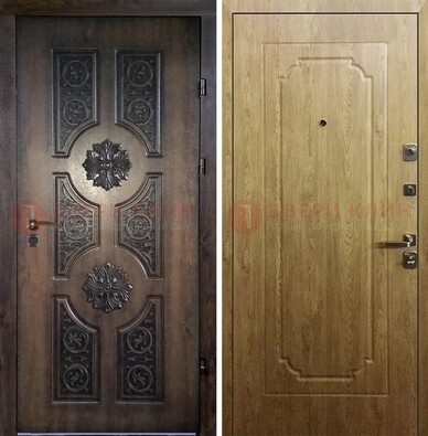 Железная коричневая дверь с виноритом и терморазрывом Золотой дуб внутри ДВТ-101 в Наро-Фоминске