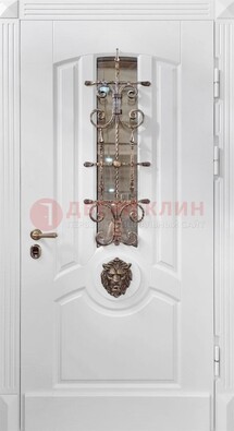 Белая металлическая дверь с виноритом и стеклом с ковкой ДВТ-165 в Наро-Фоминске