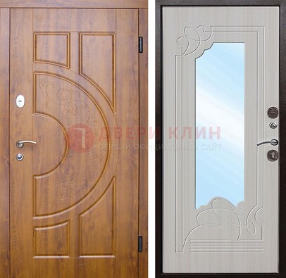 Коричневая металлическая дверь c МДФ с узором и зеркалом ДЗ-105 в Наро-Фоминске