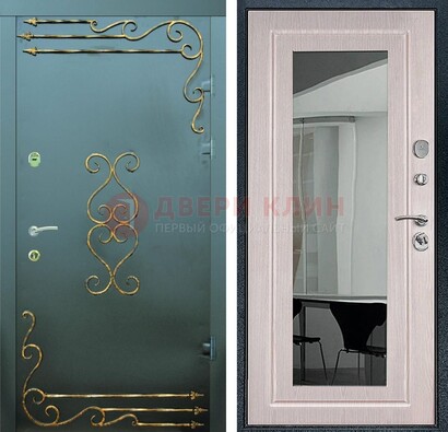 Железная темная дверь c порошковым напылением и МДФ Белый дуб с зеркалом ДЗ-110 в Наро-Фоминске