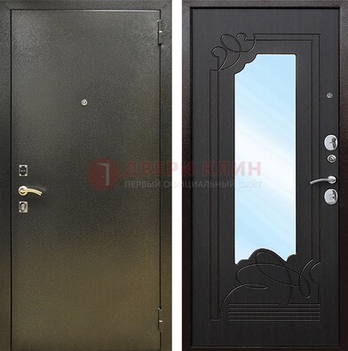 Железная темная дверь c порошковым напылением и МДФ с узором и зеркалом ДЗ-111 в Пушкино