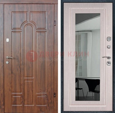 Входная коричневая дверь с МДФ Белый дуб и зеркалом ДЗ-126 в Наро-Фоминске