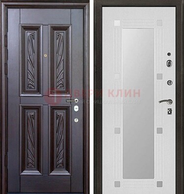 Коричневая стальная дверь с зеркалом МДФ внутри ДЗ-44 в Наро-Фоминске