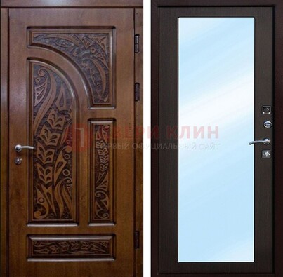 Коричневая входная дверь c узором и виноритом МДФ с зеркалом ДЗ-98 в Лобне