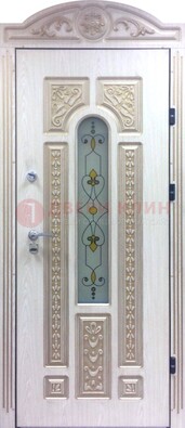 Белая железная дверь с МДФ и витражом ВЖ-26 в Климовске