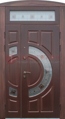 Коричневая двухстворчатая железная дверь с МДФ и витражом ВЖ-29 в Наро-Фоминске