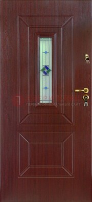 Бордовая железная дверь с витражом и отделкой массив ВЖ-3 