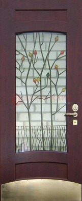 Бордовая стальная дверь с витражом и декоративным элементом ВЖ-3 в Наро-Фоминске